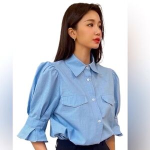 Button down shirt with puff sleeves